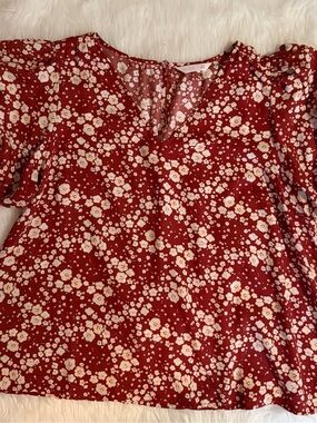LC Lauren Conrad Red and White Floral Tie-Neck Blouse XXL